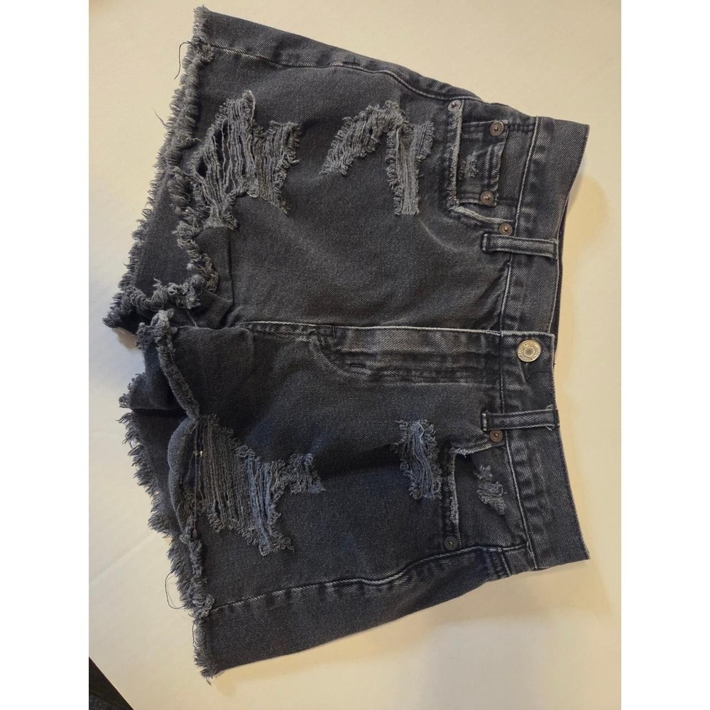 American Eagle Mom Shorts Black Distressed High Waisted Frayed Denim Womens 00